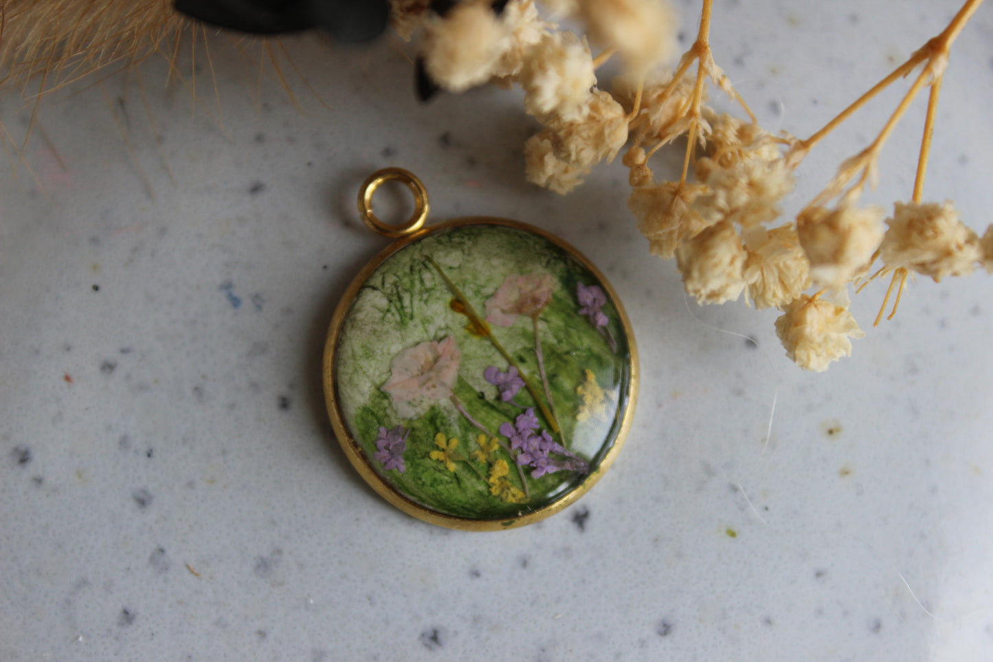 Green Forest Meadow with Pressed Flowers Pendant (without chain)