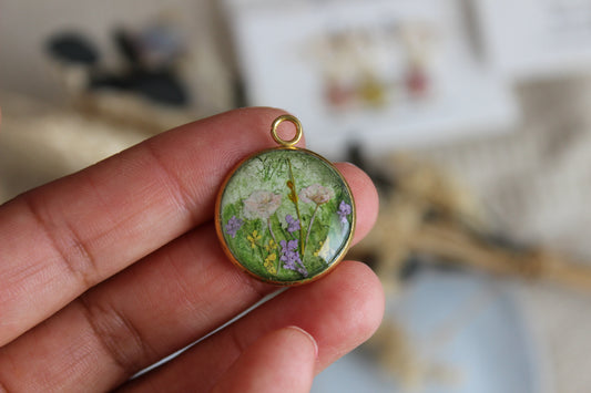 Green Forest Meadow with Pressed Flowers Pendant (without chain)