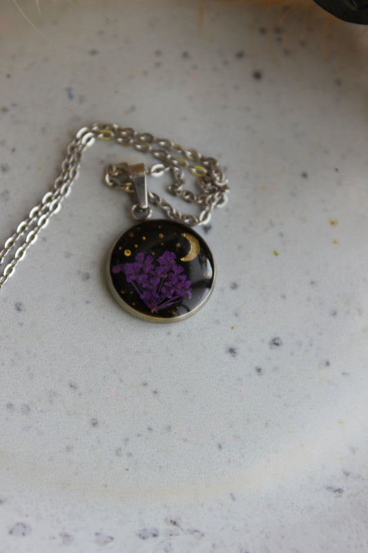 Starry Night with Purple Petal Pendant Necklace (with chain)