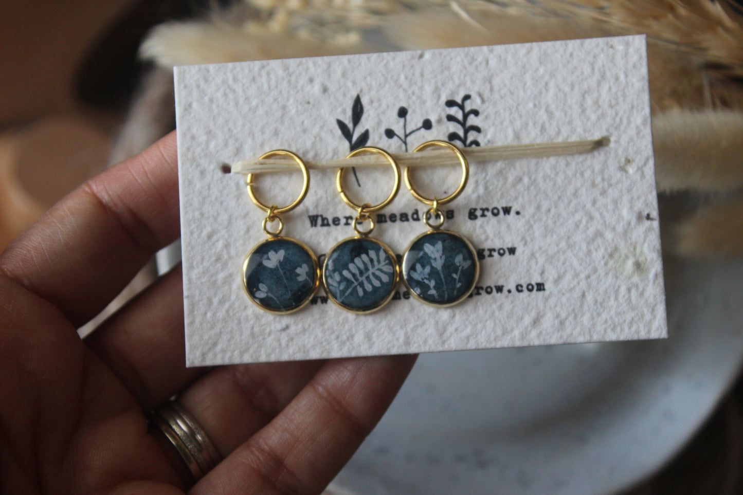 White Petal on Blue Stitchmarker Set