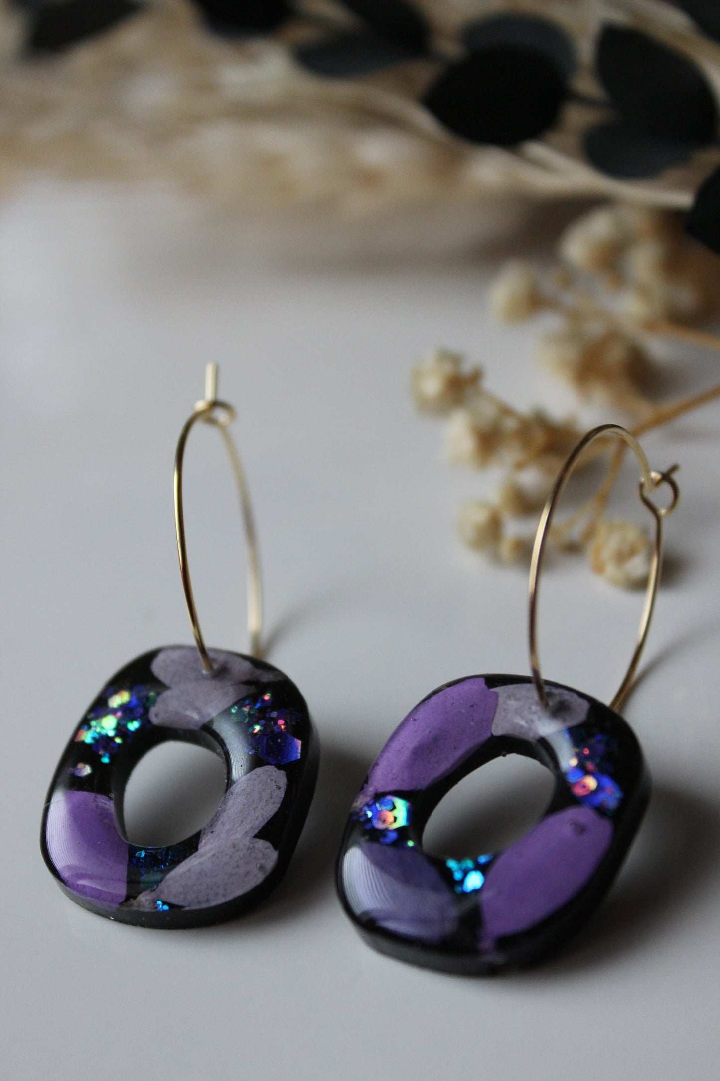 Botanical Hoop Earrings - 'Purple Petals' (Celestial Collection)