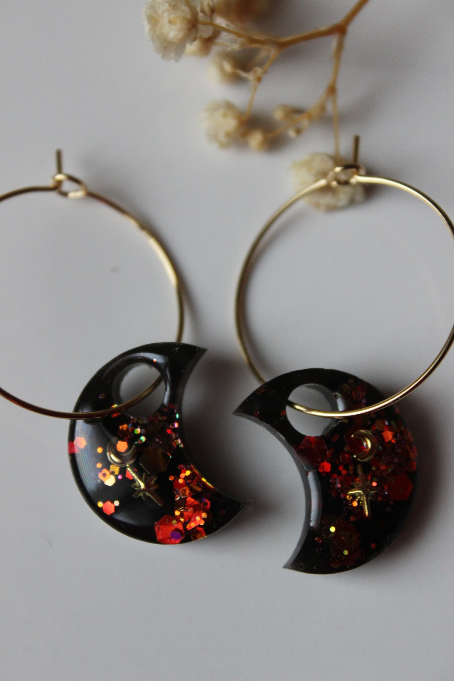 Botanical Moon Hoop Earrings -Fiery Moon (Celestial Collection)